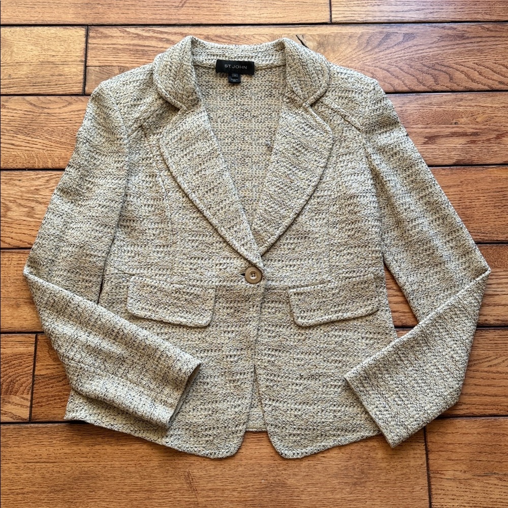 St John Womens Black White Beige Tweed Knit Blazer‎ Jacket Size 6 Single Button
